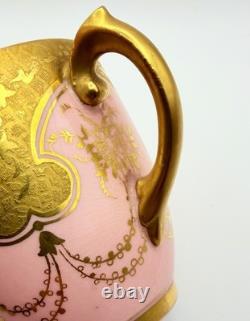 Antique Coalport For Tiffany Pink Encrusted Gold Demitasse Cup & Saucer Teacup