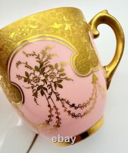 Antique Coalport For Tiffany Pink Encrusted Gold Demitasse Cup & Saucer Teacup