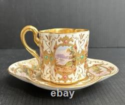 Antique Coalport HP Landscape Gold Encrusted Jeweled Demitasse and Saucer Set