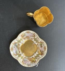 Antique Coalport HP Landscape Gold Encrusted Jeweled Demitasse and Saucer Set
