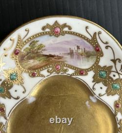 Antique Coalport HP Landscape Gold Encrusted Jeweled Demitasse and Saucer Set