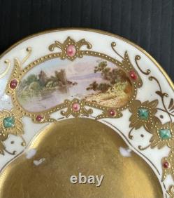Antique Coalport HP Landscape Gold Encrusted Jeweled Demitasse and Saucer Set