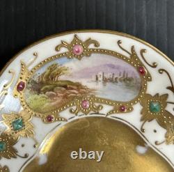 Antique Coalport HP Landscape Gold Encrusted Jeweled Demitasse and Saucer Set