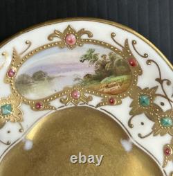 Antique Coalport HP Landscape Gold Encrusted Jeweled Demitasse and Saucer Set