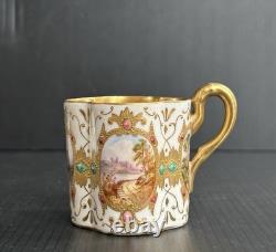 Antique Coalport HP Landscape Gold Encrusted Jeweled Demitasse and Saucer Set