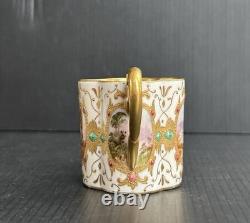 Antique Coalport HP Landscape Gold Encrusted Jeweled Demitasse and Saucer Set