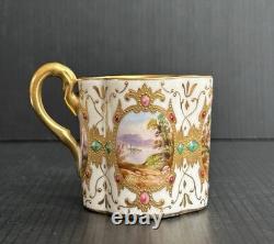 Antique Coalport HP Landscape Gold Encrusted Jeweled Demitasse and Saucer Set