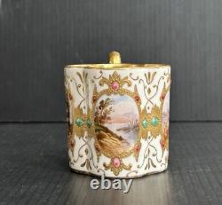 Antique Coalport HP Landscape Gold Encrusted Jeweled Demitasse and Saucer Set