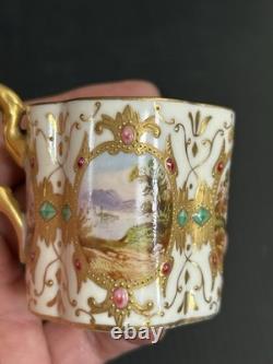 Antique Coalport HP Landscape Gold Encrusted Jeweled Demitasse and Saucer Set