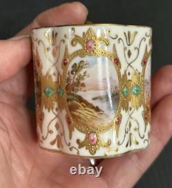 Antique Coalport HP Landscape Gold Encrusted Jeweled Demitasse and Saucer Set