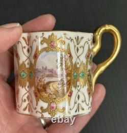 Antique Coalport HP Landscape Gold Encrusted Jeweled Demitasse and Saucer Set