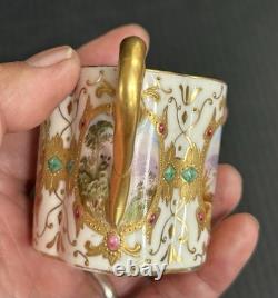 Antique Coalport HP Landscape Gold Encrusted Jeweled Demitasse and Saucer Set