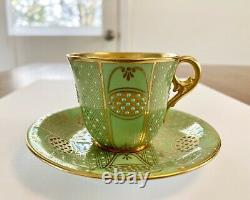 Antique Coalport Jeweled Green/turquoise/gold Demitasse Cup & Saucer Set