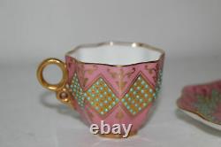 Antique Coalport Jeweled Turquoise/pink/gold Demitasse Cup & Saucer Set