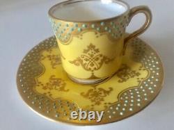 Antique Coalport Jeweled Yellow Turquoise Blue and Gold Demitasse Cup & Saucer