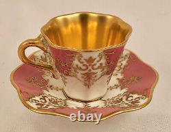 Antique Coalport Miniature Demitasse Cup & Saucer, Pink, Richly Gilded