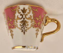 Antique Coalport Miniature Demitasse Cup & Saucer, Pink, Richly Gilded