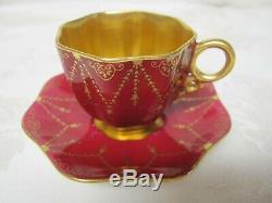 Antique Coalport Petite Tiny Gilded Burgundy Demitasse Cup Saucer Set Ad1750