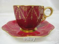 Antique Coalport Petite Tiny Gilded Burgundy Demitasse Cup Saucer Set Ad1750