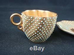 Antique Coalport Porcelain Gold Jeweled Turquoise Demitasse Swirl Cup & Saucer