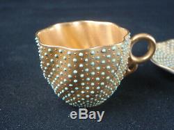 Antique Coalport Porcelain Gold Jeweled Turquoise Demitasse Swirl Cup & Saucer