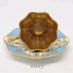 Antique Coalport Turquoise Blue Gold Gilt Jeweled Demitasse Cup & Saucer