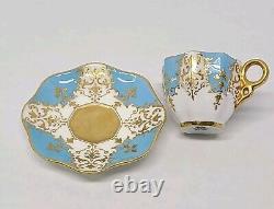 Antique Coalport Turquoise Blue Gold Gilt Jeweled Demitasse Cup & Saucer