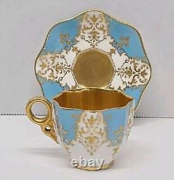 Antique Coalport Turquoise Blue Gold Gilt Jeweled Demitasse Cup & Saucer