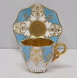 Antique Coalport Turquoise Blue Gold Gilt Jeweled Demitasse Cup & Saucer