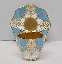 Antique Coalport Turquoise Blue Gold Gilt Jeweled Demitasse Cup & Saucer