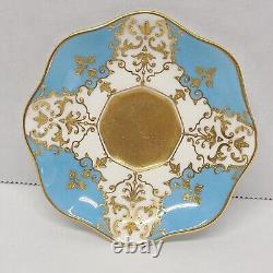 Antique Coalport Turquoise Blue Gold Gilt Jeweled Demitasse Cup & Saucer