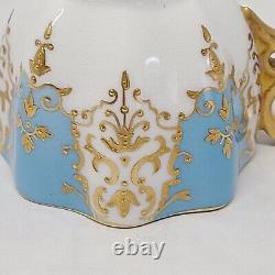 Antique Coalport Turquoise Blue Gold Gilt Jeweled Demitasse Cup & Saucer