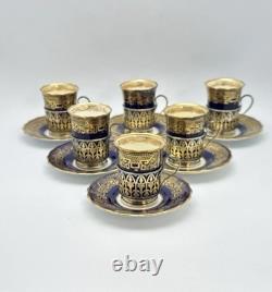 Antique Coalport & Walker Hall 6 Sets Demitasse Sets Blue Encrusted Sterling