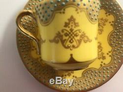 Antique Coalport Yellow Gold and Turquoise Blue Jeweled Demitasse Cup and Saucer