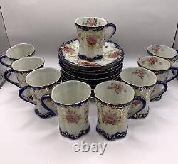 Antique Cobalt Blue Hand Painted Florals Thin Porcelain 9 Demitasse Cups/Saucers