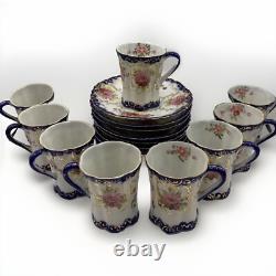 Antique Cobalt Blue Hand Painted Florals Thin Porcelain 9 Demitasse Cups/Saucers