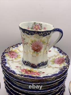 Antique Cobalt Blue Hand Painted Florals Thin Porcelain 9 Demitasse Cups/Saucers