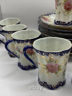 Antique Cobalt Blue Hand Painted Florals Thin Porcelain 9 Demitasse Cups/Saucers