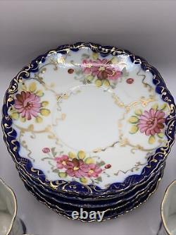 Antique Cobalt Blue Hand Painted Florals Thin Porcelain 9 Demitasse Cups/Saucers