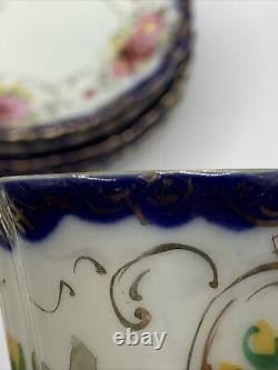 Antique Cobalt Blue Hand Painted Florals Thin Porcelain 9 Demitasse Cups/Saucers