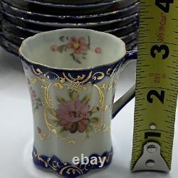 Antique Cobalt Blue Hand Painted Florals Thin Porcelain 9 Demitasse Cups/Saucers