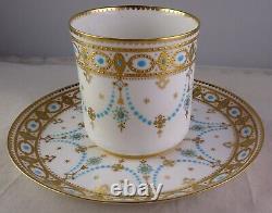 Antique Copeland Jewelled Porcelain Turquoise Heavy Gold Demitasse Cup & Saucer