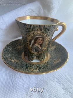 Antique Crown Dresden Tea Cup/Demitasse & Saucer with Portrait Gold Gilded