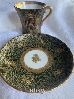 Antique Crown Dresden Tea Cup/Demitasse & Saucer with Portrait Gold Gilded