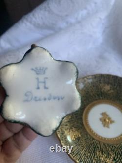 Antique Crown Dresden Tea Cup/Demitasse & Saucer with Portrait Gold Gilded