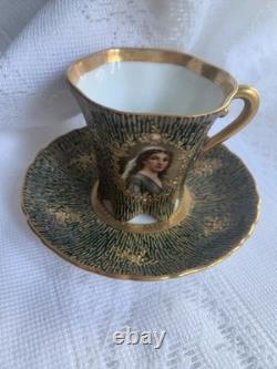Antique Crown Dresden Tea Cup/Demitasse & Saucer with Portrait Gold Gilded