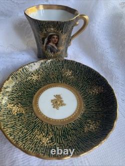 Antique Crown Dresden Tea Cup/Demitasse & Saucer with Portrait Gold Gilded