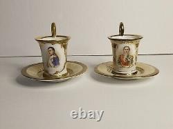 Antique Demitasse 2 Cups & Saucers WithNapolean & Lefebvre Portraits Red Crown