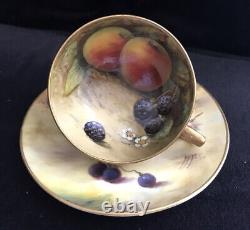 Antique Demitasse Royal Worcester Very Delicate Fruits Signed Cup & Saucer