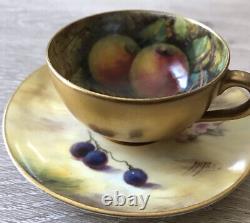 Antique Demitasse Royal Worcester Very Delicate Fruits Signed Cup & Saucer